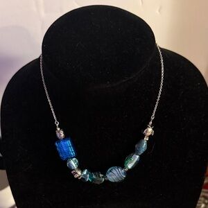 Chic Blue Beaded Necklace signed NRT on clasp